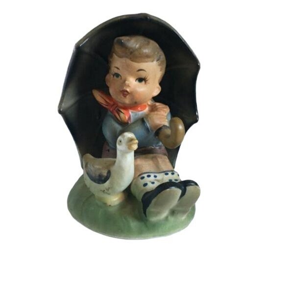 Boy with Duck and Umbrella Figurine Japan Lefton ? - Picture 1 of 7